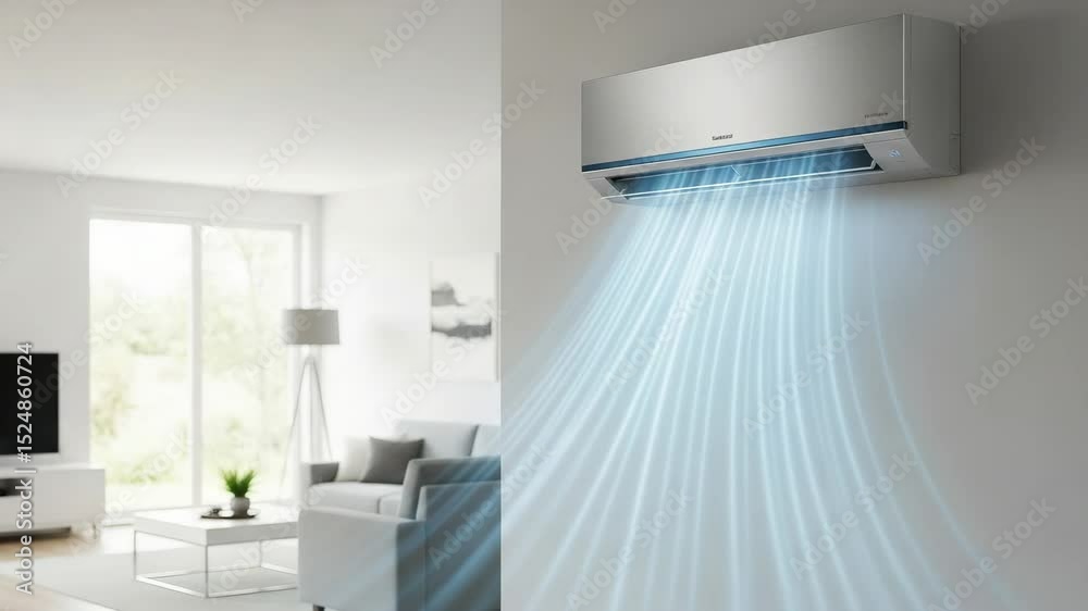 Air conditioner on wall with blue air flow. Cooling system for home, office or commercial space. Ventilation and air purification footage.
