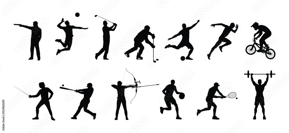 Fototapeta premium Silhouette set of man playing different sports in row vector collection. Group of different sports athlete disciplines vector black silhouette set collection.