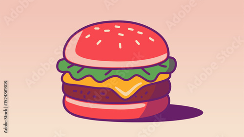 Flat cartoon burger with sesame bun, double beef patty, melted cheese, and lettuce. Bright pop-art colors and bold outlines. Ideal for fast food ads, menus, stickers, or digital snack designs.