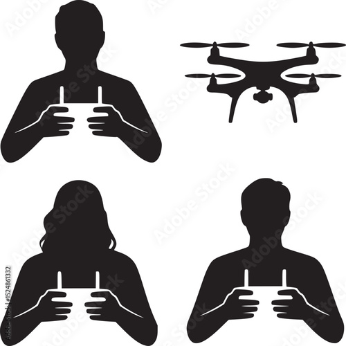 Silhouettes of people holding controllers and a drone in a black and white vector illustration
