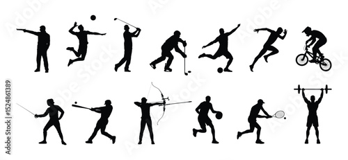 Silhouette set of man playing different sports in row vector collection. Group of different sports athlete disciplines vector black silhouette set collection.