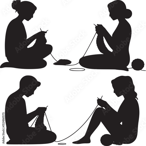 Silhouettes of four women sitting and knitting with needles and yarn in a black and white illustration