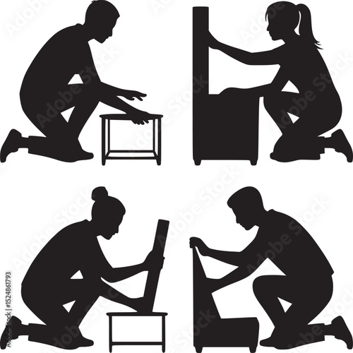 Silhouettes of people assembling furniture on the floor against a white background in a studio shot