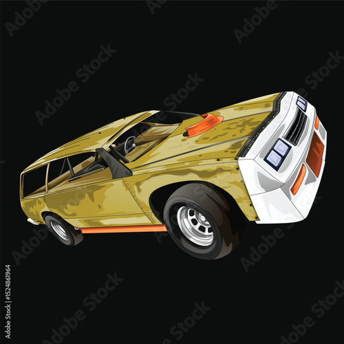 Yellow and painted racing car. Isolated in black background, for t-shirt design, print. and for business purposes.