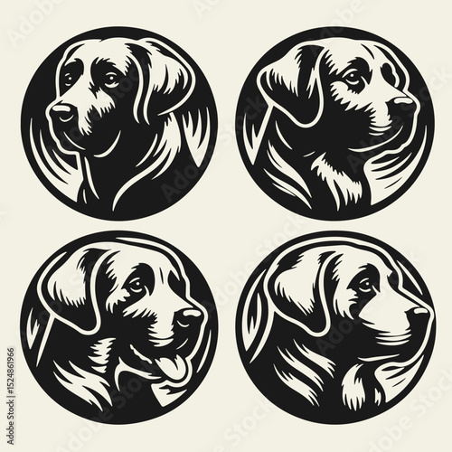 Set of four black and white flat vector Labrador Retriever dog heads with friendly expressions. Ideal for T-shirts, pet logos, and breed-specific designs.