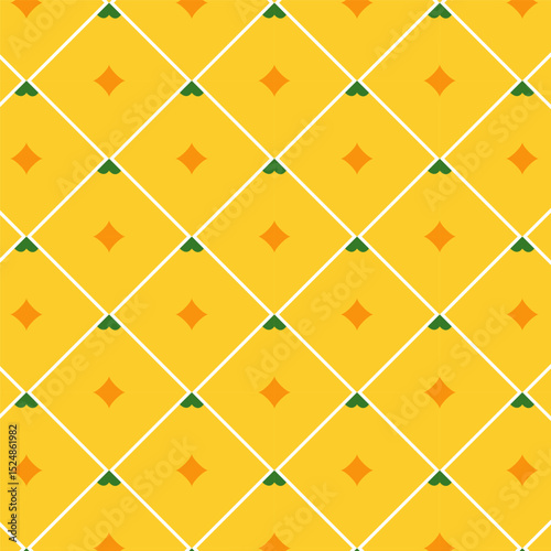 Pineapple seamless pattern isolated on white background.Colorful summer repeat pattern in yellow, orange and green.Geometric abstract vector background with yellow squares.