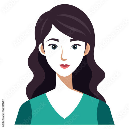 Illustration of Woman with Wavy Dark Hair and Green Top, Vector Portrait