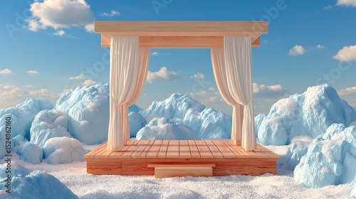Surreal snowy landscape featuring a wooden stage with curtains against a blue sky backdrop image