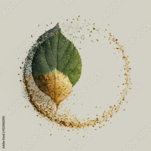 A green leaf and a dried brown leaf form a dynamic circular composition with earthy particles on a neutral background. A minimalist nature concept symbolizing life and decay.

