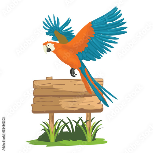 macaw perched on a wooden board