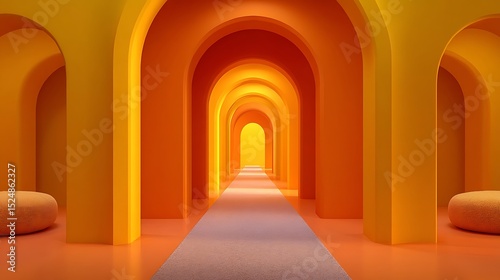 Symmetrical hallway featuring a series of arches diminishing into the distance with warm color tones