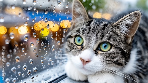 Tabby cat gazing through a rain-streaked window with blurred city lights creating a cozy scene