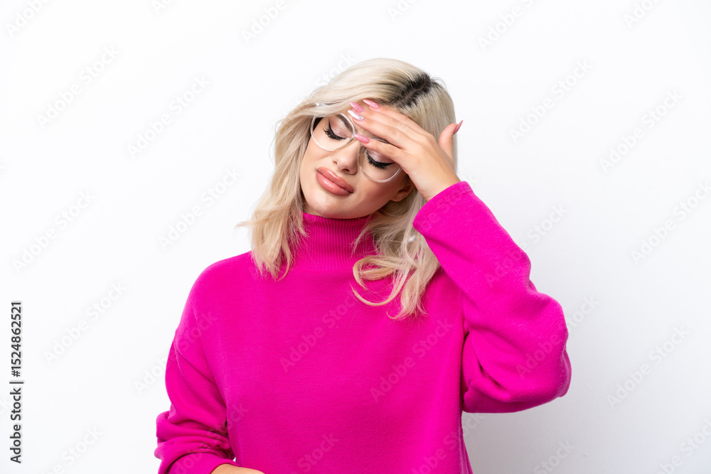 Young Russian woman isolated on white background with tired and sick expression Young Russian woman isolated on white background with tired and sick expression