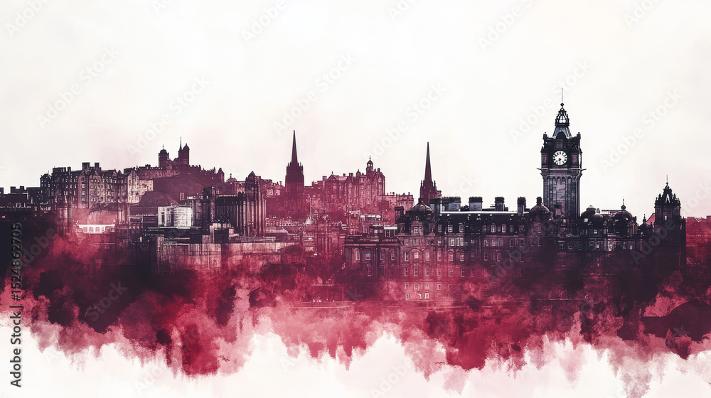 Obraz premium A captivating city skyline poster of Edinburgh, United Kingdom, featuring iconic landmarks rendered with a reddish, misty transparent effect. 