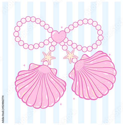 Cute Coquette pink pearl bow seashell pastel hand drawn doodle Summer y2k retro aesthetic