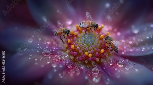 Three honeybees gather nectar on a vibrant purple flower covered in water droplets closeup view