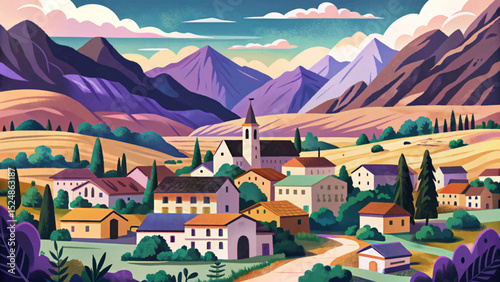 Vector illustration of a peaceful village nestled in a valley with majestic mountains in the background ideal for nature scenes, travel posters, and rural life design