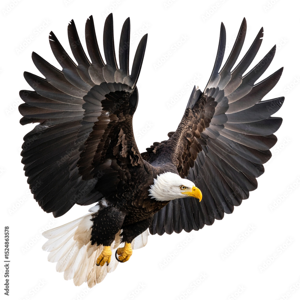 Obraz premium Top-Down View of a Bald Eagle Gliding Overhead, Wingspan Displayed, Isolated PNG
