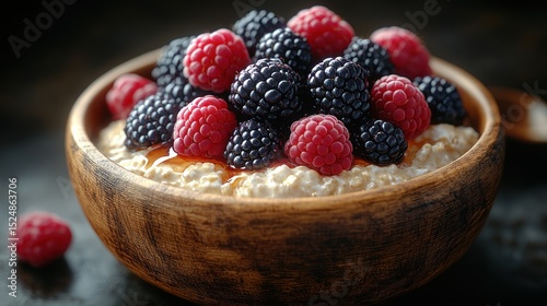 Oatmeal with berries in wooden bowl