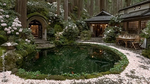 Tranquil Japanese garden with pond, cherry blossoms, and architecture in a serene forest setting
