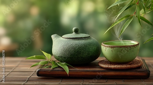 Tranquil green tea ambiance with teapot and bamboo leaves, creating a serene zen atmosphere