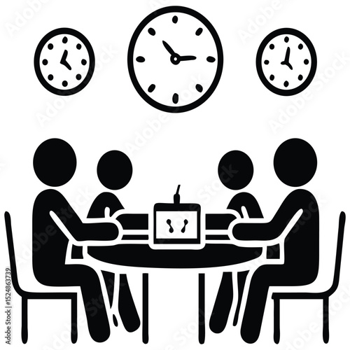 Stick Figures Meeting Around Table with Computer Under Clocks Illustrating Time Zones