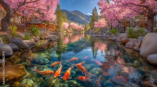 Tranquil pond with vibrant koi fish swimming under cherry blossoms near cozy lakeside cabins