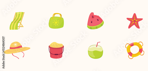 Summer icon set vector illustration featuring beach