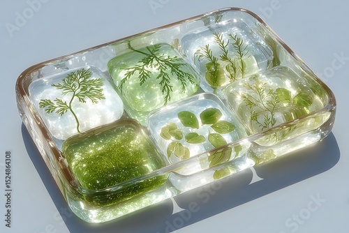 Transparent tray filled with botanical ice cubes featuring various green leaves and textures inside the ice