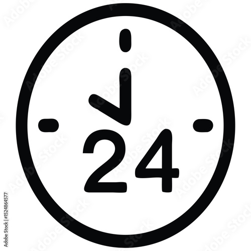 TwentyFour Hours Service Icon, Clock with 24 Text, Round Availability Symbol