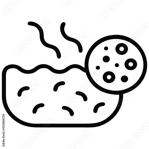Warm Soup Icon with Circular Bread Slice and Steam, Line Art Style