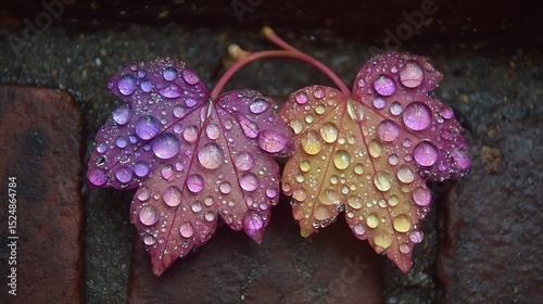 Two colorful autumn leaves covered in water droplets on a brick surface, evoking a sense of freshness