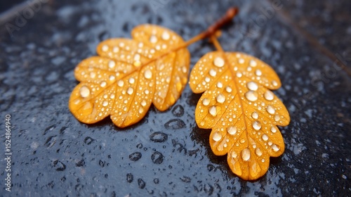 Two golden autumn leaves covered in water droplets resting on a dark wet stone surface