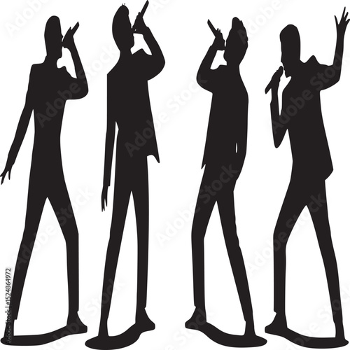 Silhouette of four men singing into microphones in suits against a white background in a studio setting