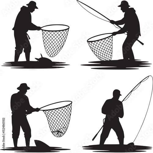 Four silhouettes of fishermen with fishing rods and nets catching fish in water on white background