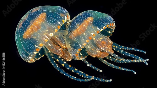 Two spotted jellyfish swimming gracefully in the dark ocean waters with bioluminescent glow effect