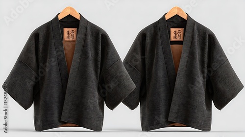 Two stylish black kimonos hang from wooden hangers showcasing traditional Japanese fashion
