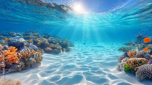 Underwater coral reef teeming with marine life in crystal clear turquoise ocean waters