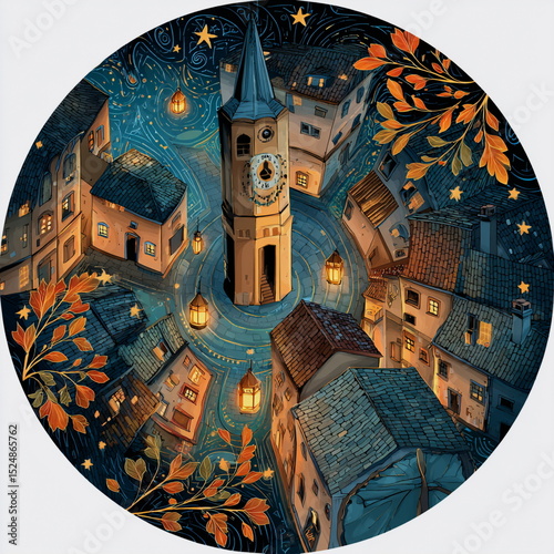 Whimsical night city illustration with a glowing clock tower and starlit sky. The circular composition gives a dreamy, fairy-tale atmosphere perfect for magical or fantasy themes.
