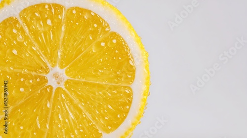 Vibrant lemon slice close up with glistening droplets against a clean background for fresh themes