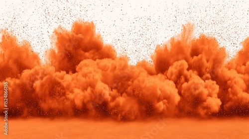 Vibrant orange dust explosion against white backdrop creates dynamic and eye-catching effect