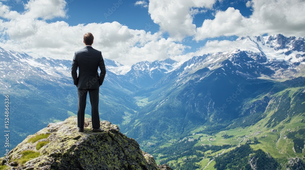 A businessman surveys a beautiful mountain range while standing on a cliff A businessman surveys a beautiful mountain range while standing on a cliff