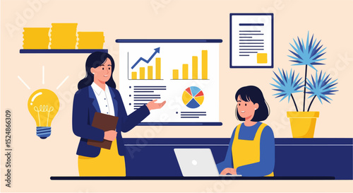Modern flat vector illustration of two professional women in an office setting, actively engaged in a business presentation