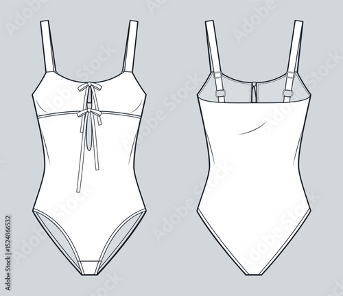 One Piece Swimsuit with Front Ties Technical Flat Sketch. Bodysuit fashion flat technical drawing template, front and back view, white, adjustable straps, women CAD mockup.