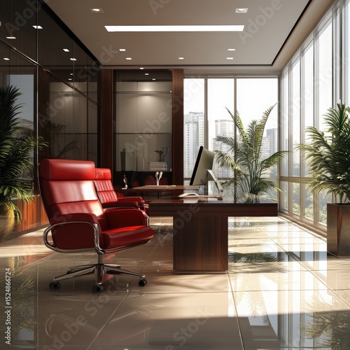 Sunlit modern office with red leather chairs, large windows, and wood desk