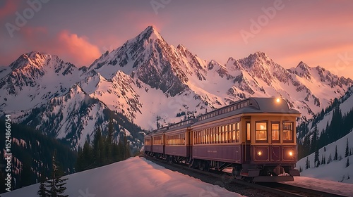 Vintage train travels through snowy mountain landscape at sunset offering a scenic travel adventure