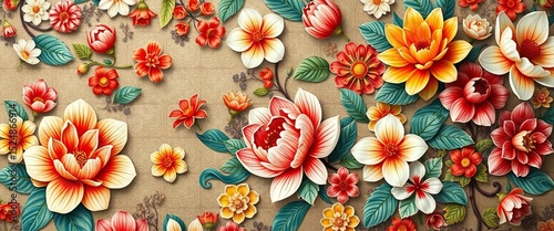 Intricate floral pattern in Far East style; flourishing blossoms, ornate tile-like design, seamless pattern,  decorative