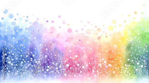 Watercolor meadow of colorful flowers and bokeh lights creating a vibrant and dreamy background