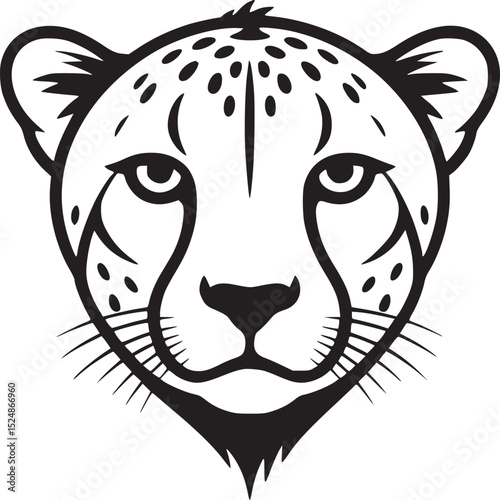 Isolated cheetah head illustration in black and white with detailed facial markings and sharp whiskers