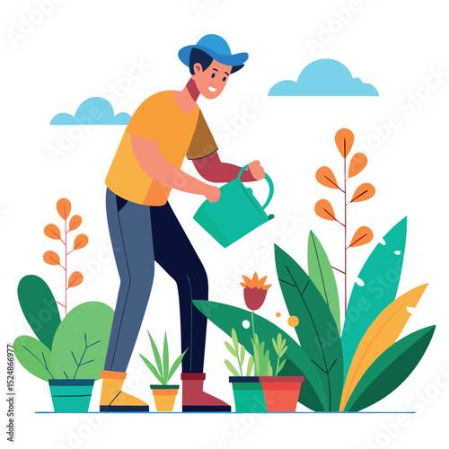 Man Watering Plants in Pots Gardening Hobby Illustration with Clouds and Sky